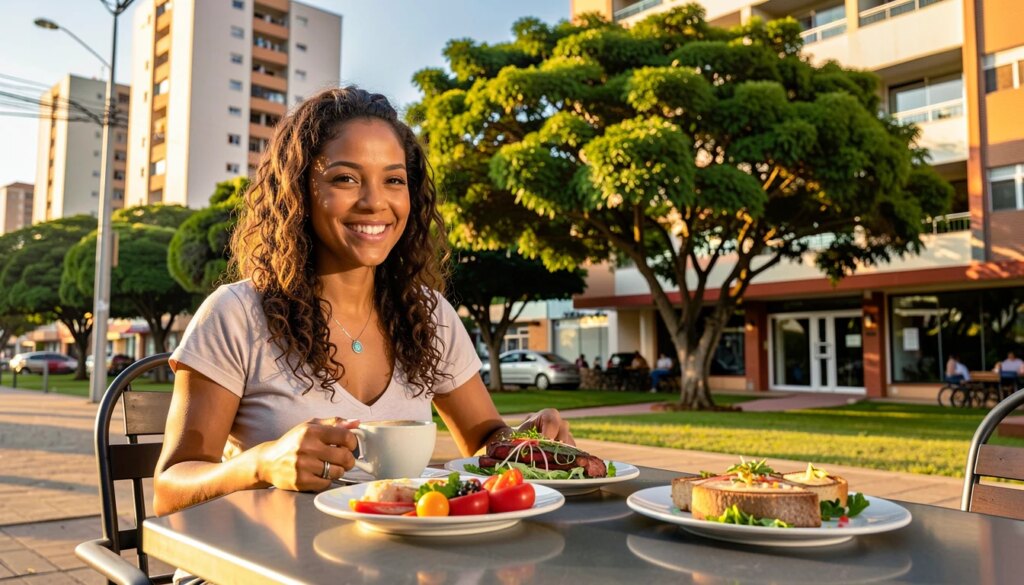 Gastronomia e conveniência: a experiência de viver no coração charmoso de Goiânia Mulher sorrindo em café charmoso no Setor Marista, Goiânia, com pratos regionais