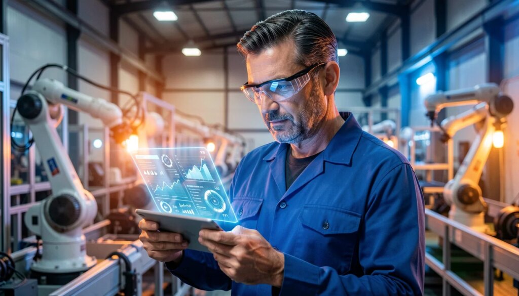 Indústria brasileira e transformação digital: por que dados viraram parte da competitividade Gestor industrial brasileiro analisando dados digitais em fábrica moderna com robôs ao fundo