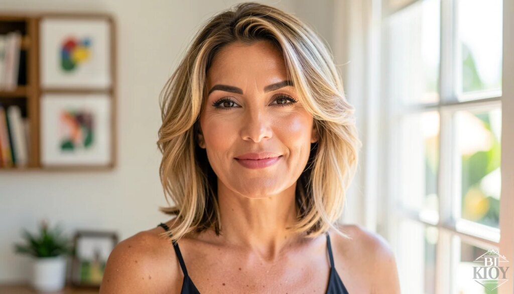 Como Parecer Mais Jovem: Cabelo, Sobrancelha e Maquiagem que Suavizam a Leitura da Idade Mulher com cabelo em camadas na altura do queixo, sobrancelhas penteadas e maquiagem natural